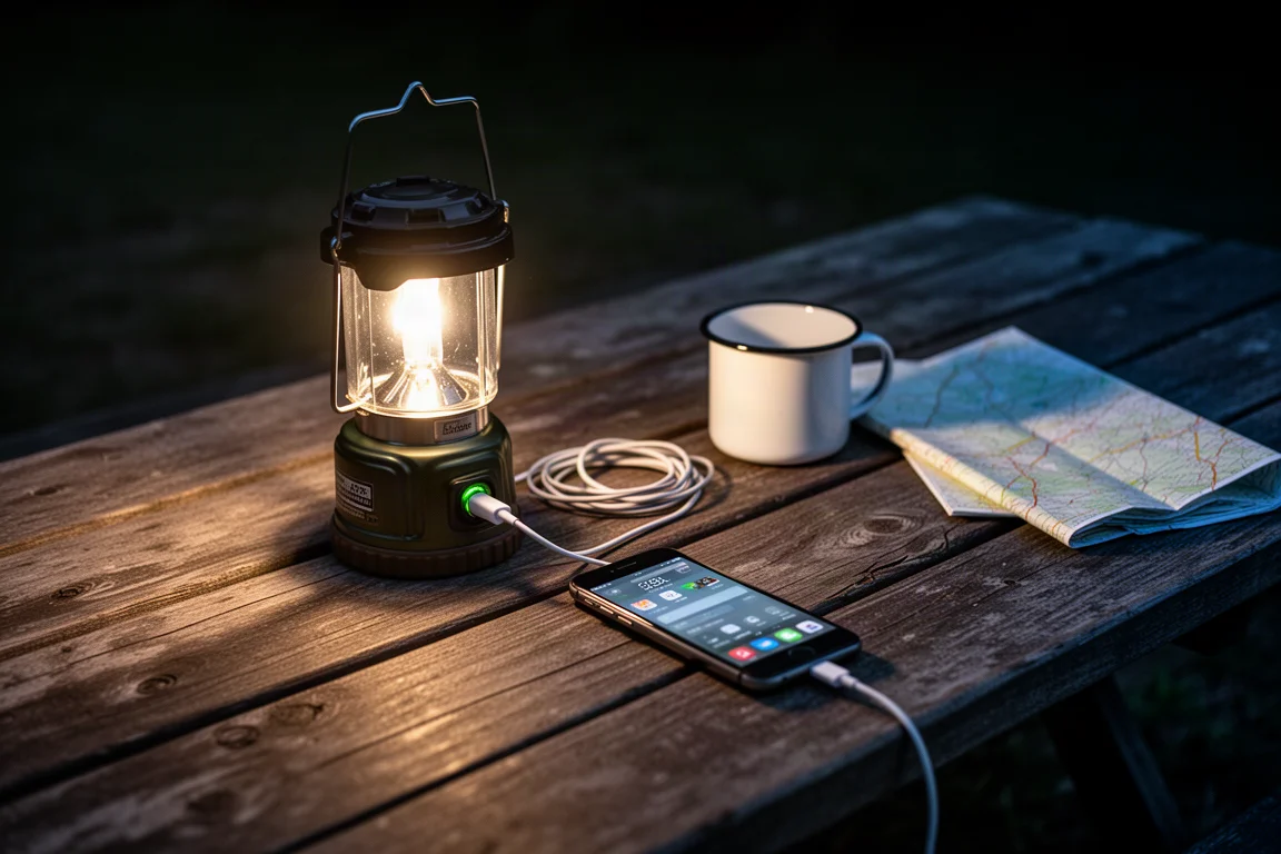 Smartphone carregando a partir de uma lanterna de camping sobre uma mesa de piquenique à noite