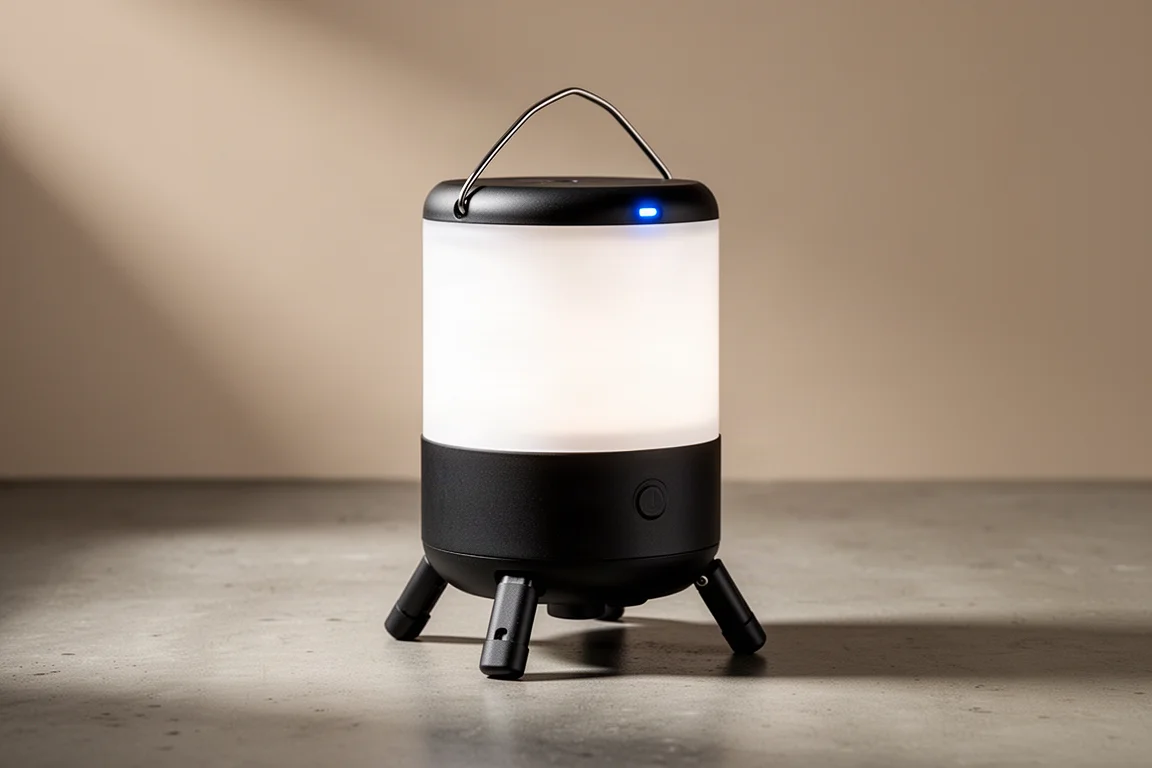 コンクリートの上に置かれた、ワイヤーハンドルと折りたたみ式脚を備えた Goal Zero Lighthouse 600 キャンプ用ランタン