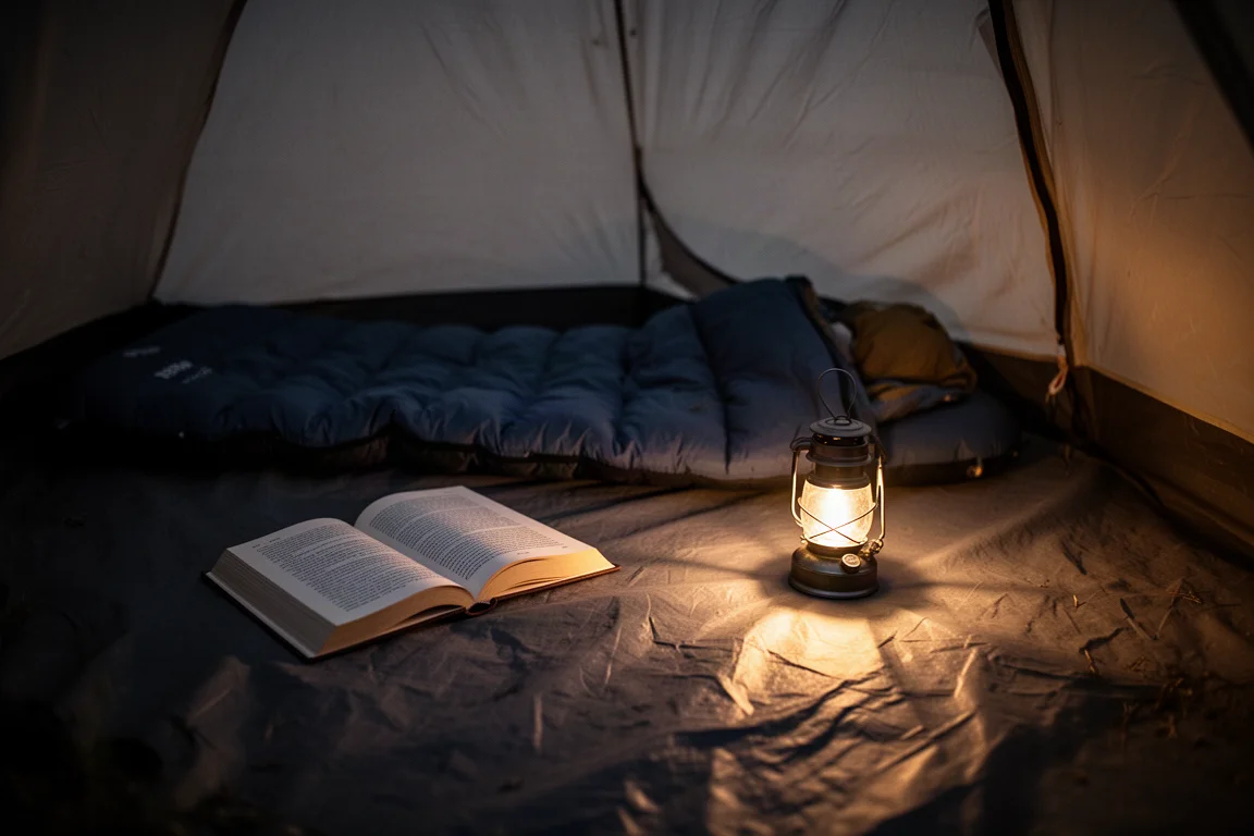 夜晚昏暗的帳篷內部,一本書與一灘柔和的暖光