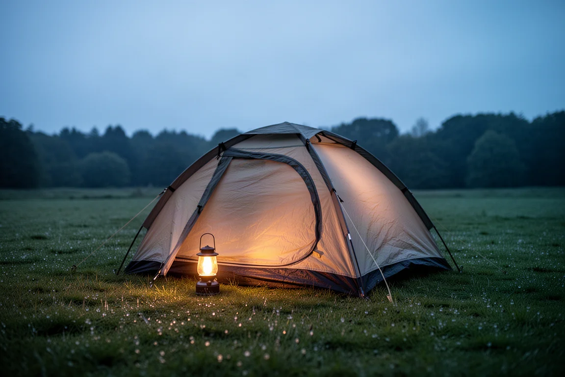 Camping tent glowing at dusk on a grassy pitch with trees in the background
