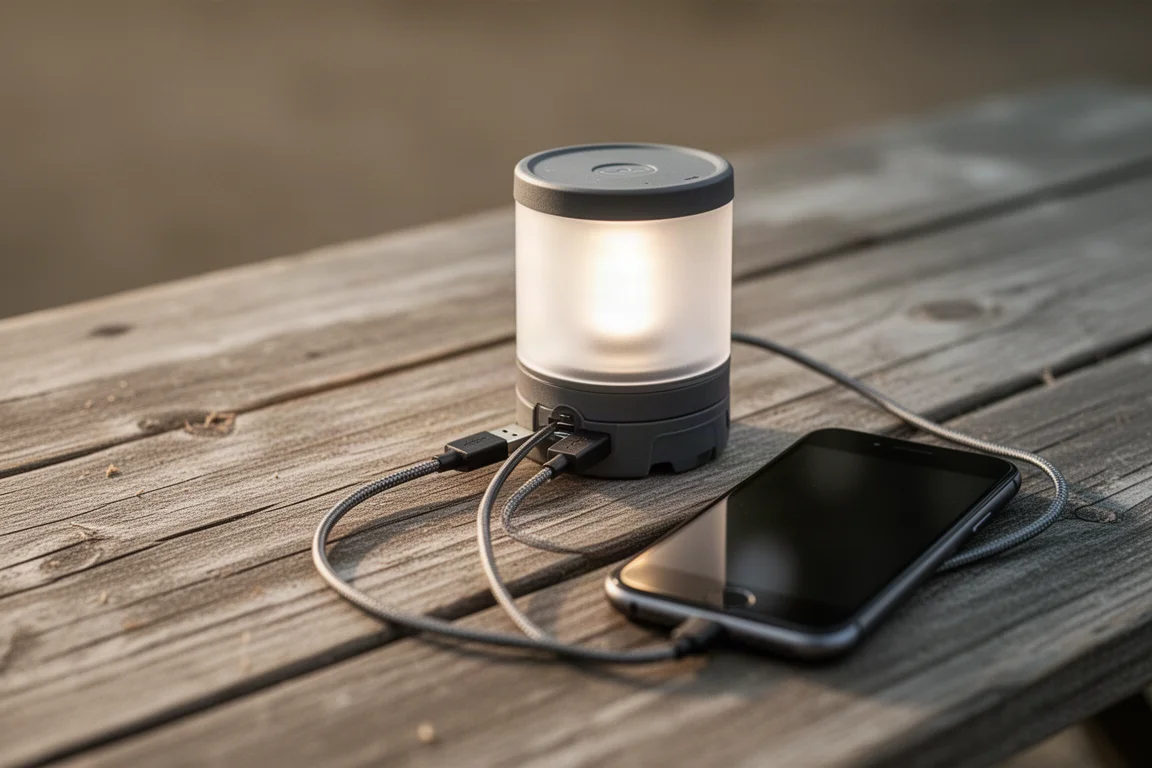USB cable plugged into the base of a compact lantern next to a phone on a camp table