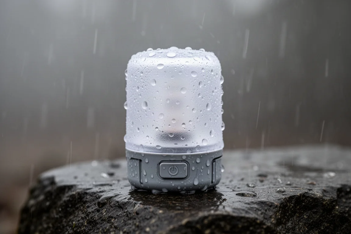 Water droplets on the frosted body of a camping light standing outdoors in rain