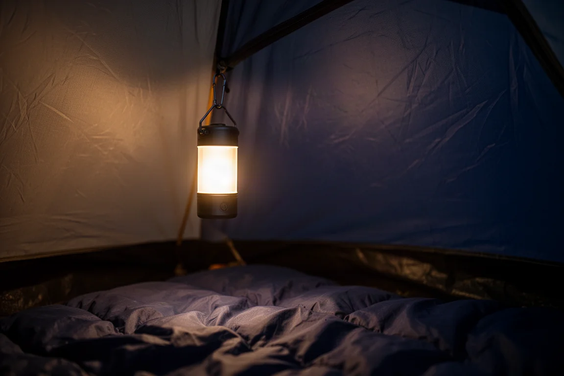 Compact camping light hanging inside a tent at night casting a warm glow
