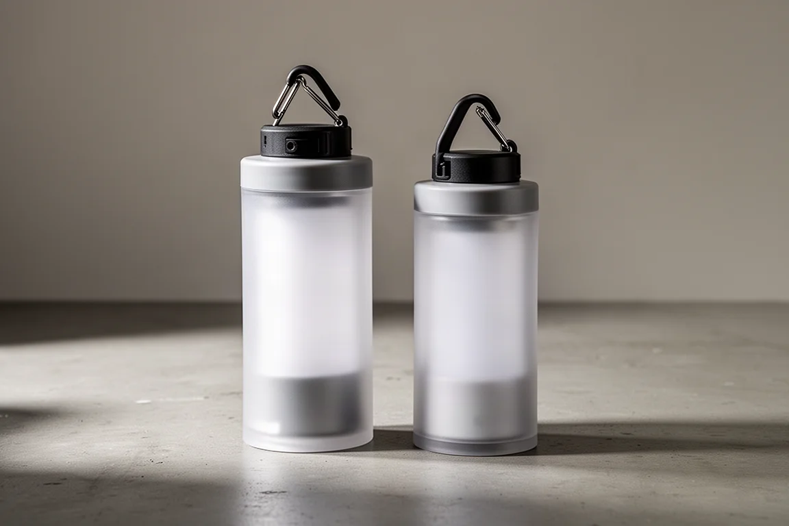 Two compact Goal Zero camping lights standing side by side on a concrete surface