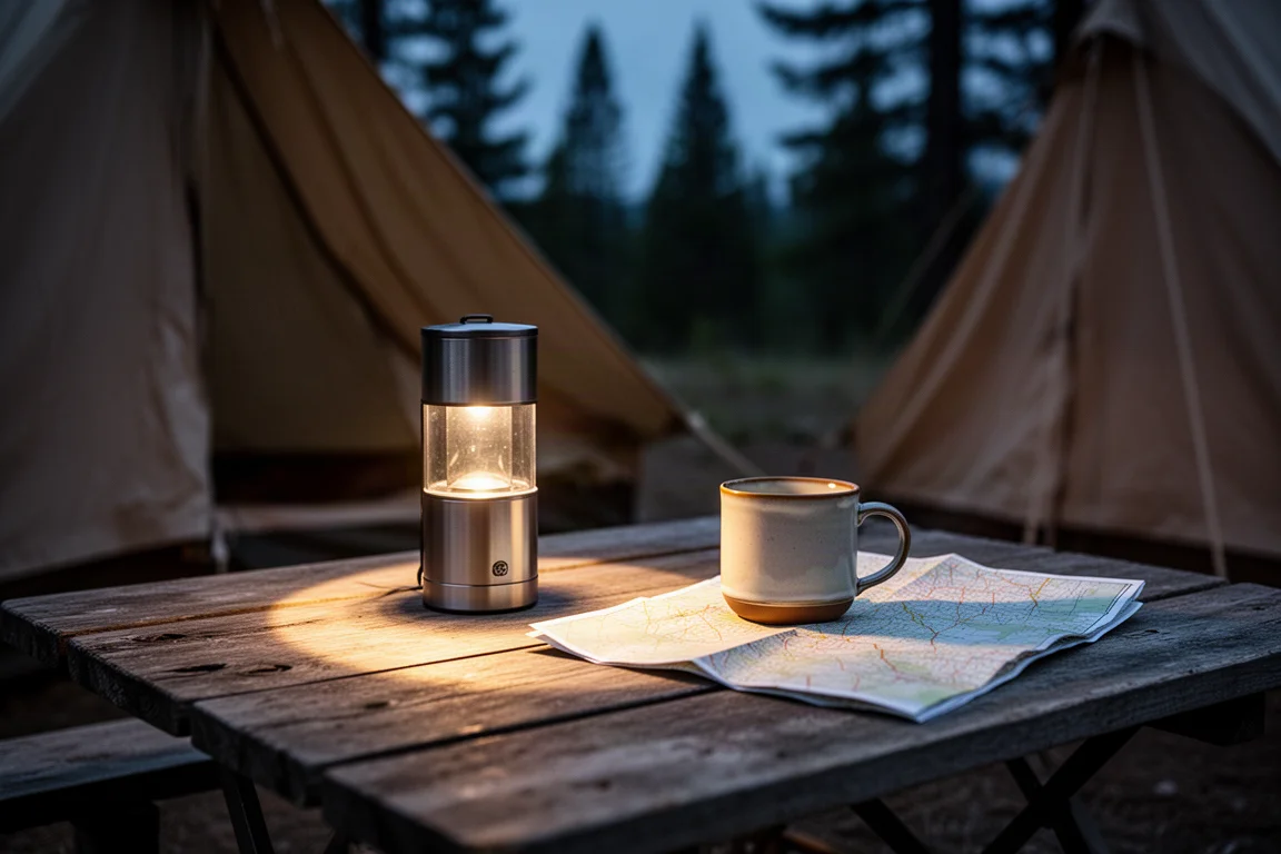 Lanterne compacte allumée sur une table de camping près d'une tasse et d'une carte pliée
