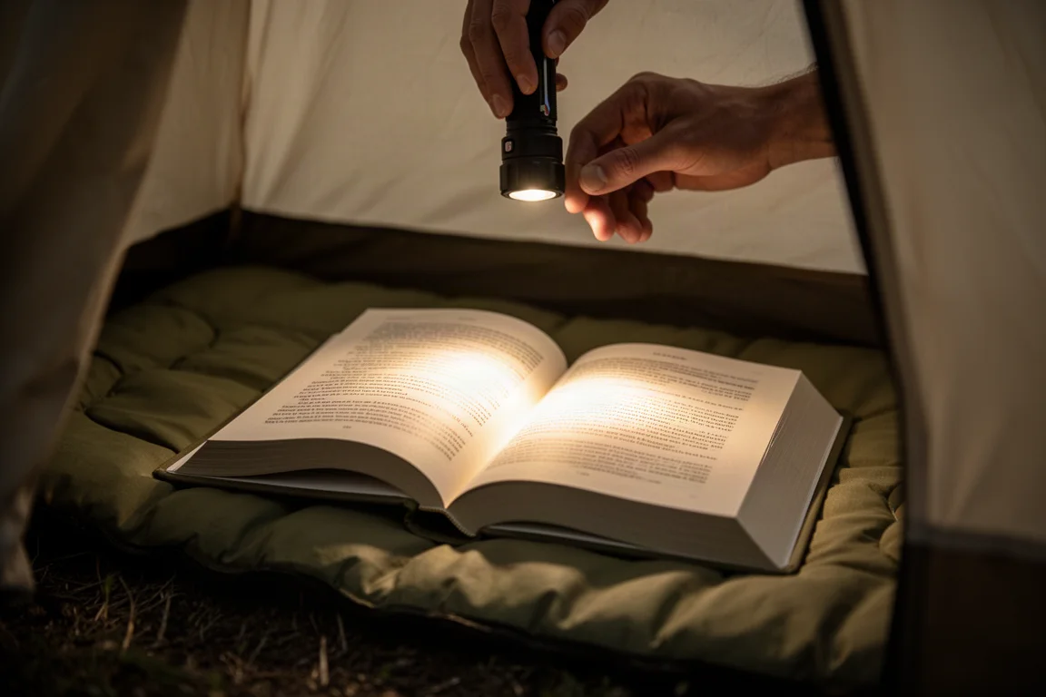 Main tenant une petite lampe au-dessus d'un livre ouvert dans une tente sombre