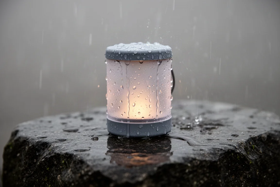 Gouttes de pluie perlant sur une petite lanterne posée sur une pierre extérieure mouillée