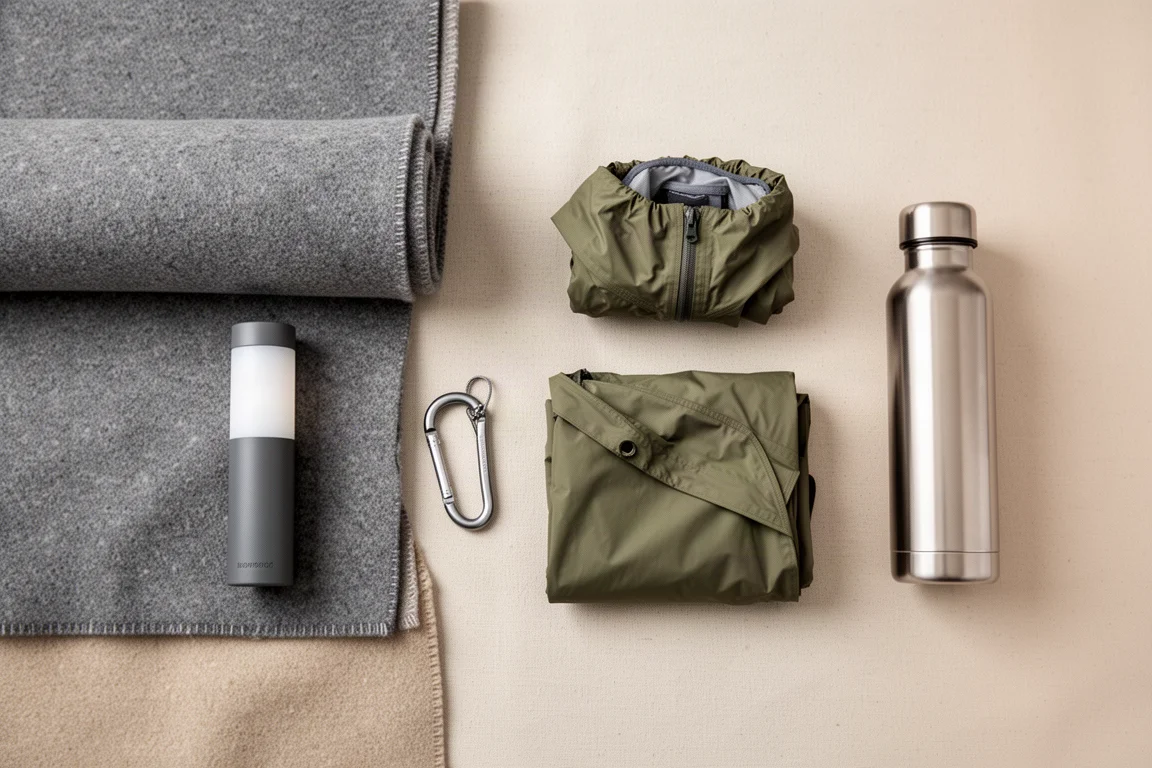Vue à plat d'essentiels de plein air avec une lampe compacte sur une toile