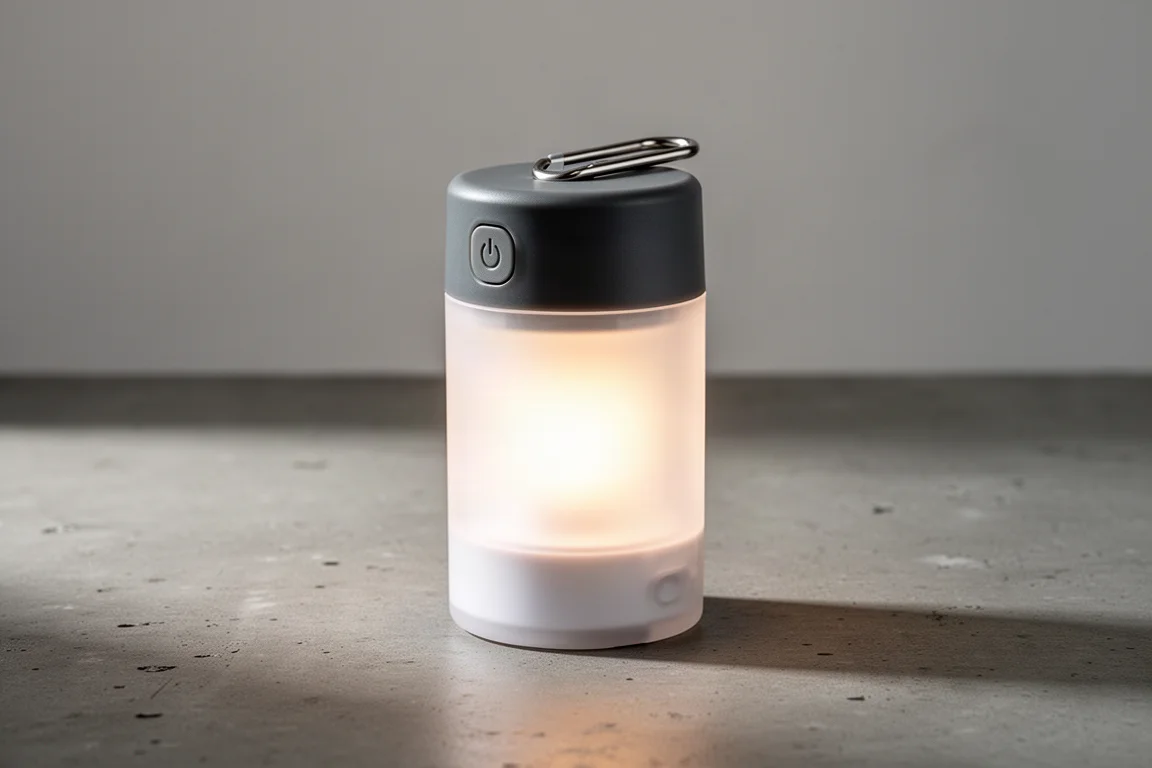 Compact cylindrical flashlight and lantern standing upright on a concrete surface