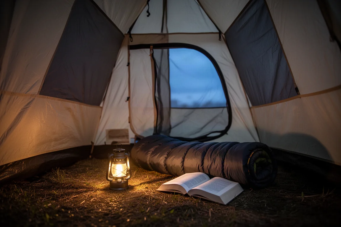Compact lantern glowing inside a six person camping tent beside a sleeping bag