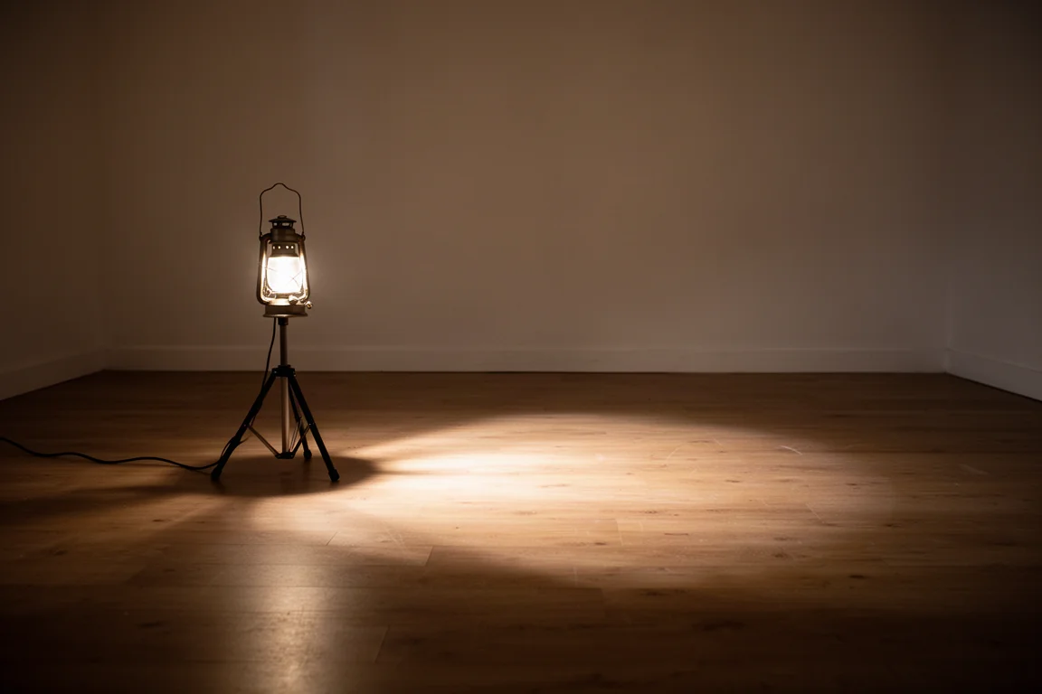 Small lantern on a tripod casting a wide pool of warm light across a wooden floor