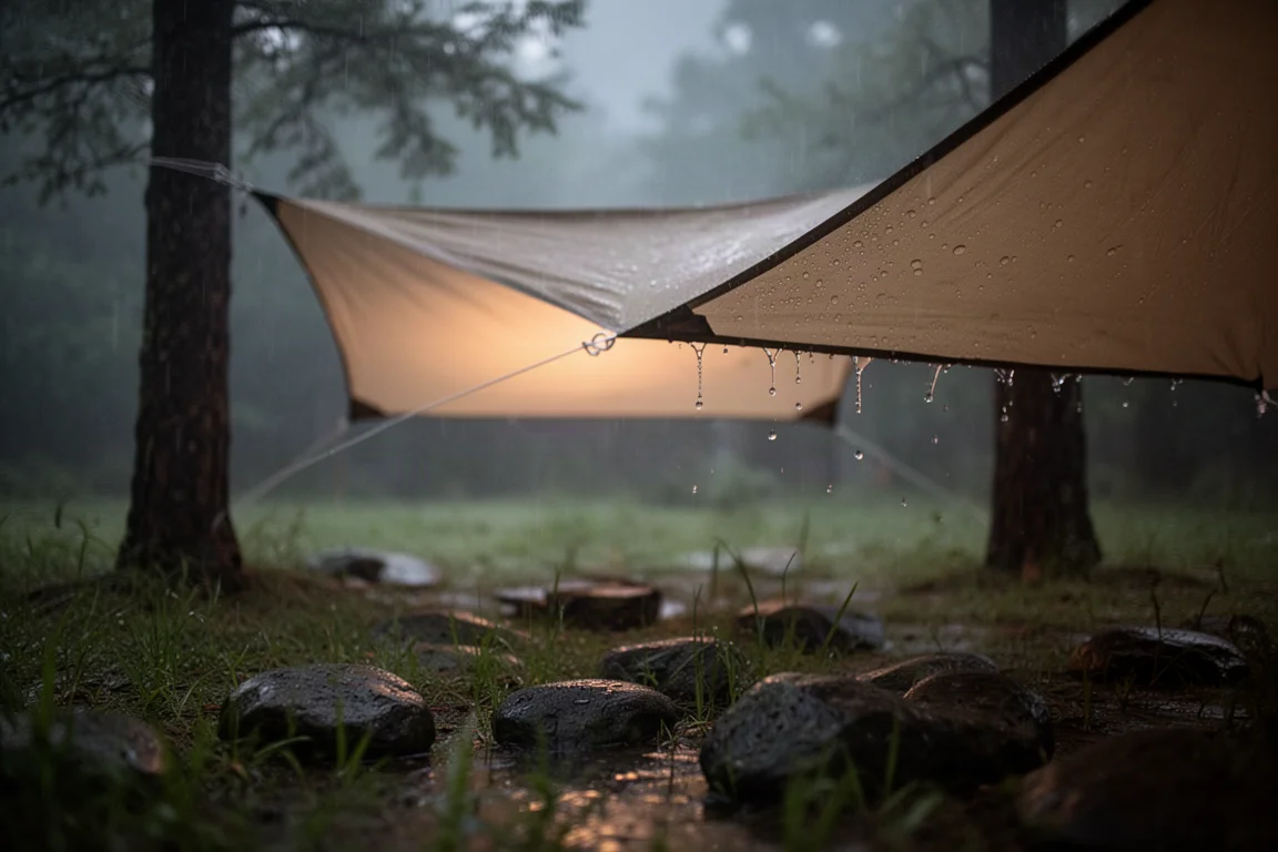 Rainy campsite at dusk with a warm glow beneath a strung tarp
