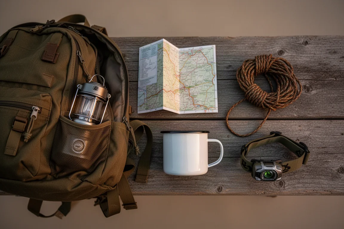 Overhead flat lay of camping gear with a compact lantern in an open backpack