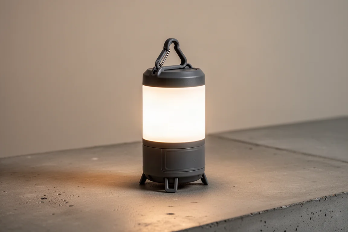 Compact Goal Zero Lighthouse Mini lantern glowing on a matte concrete surface