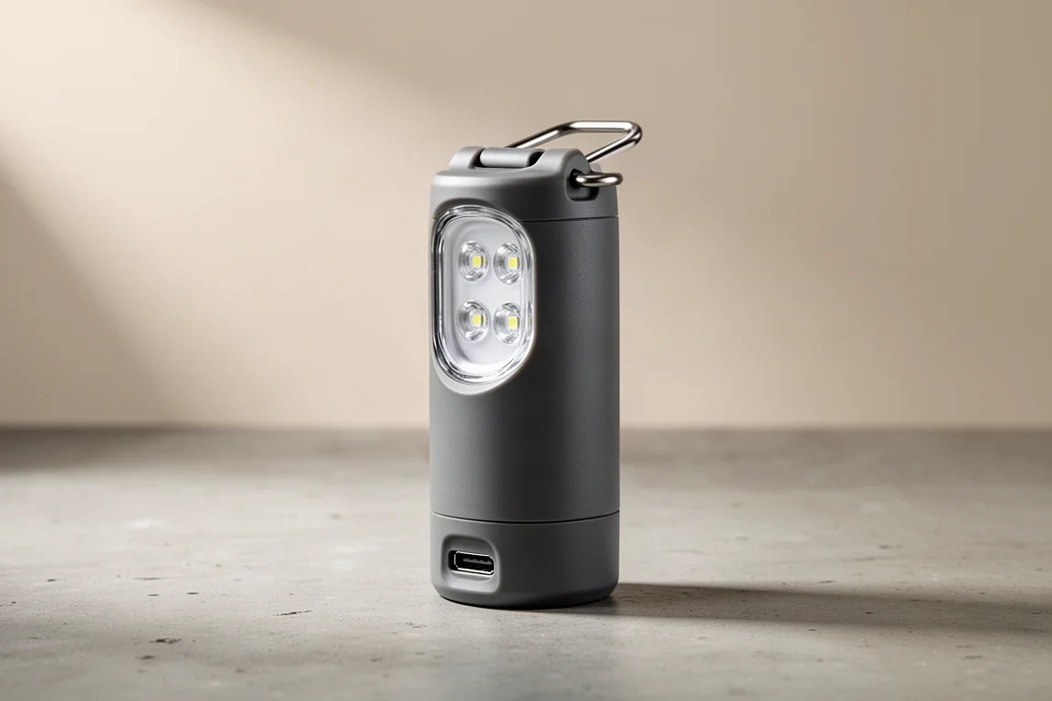 Compact cylindrical camping lantern and flashlight standing on a concrete surface