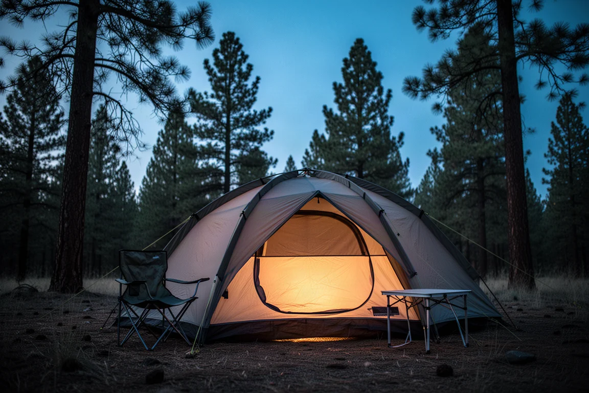 Campingplatz in der Dämmerung mit warm leuchtendem Zelt von innen und silhouettierten Kiefern