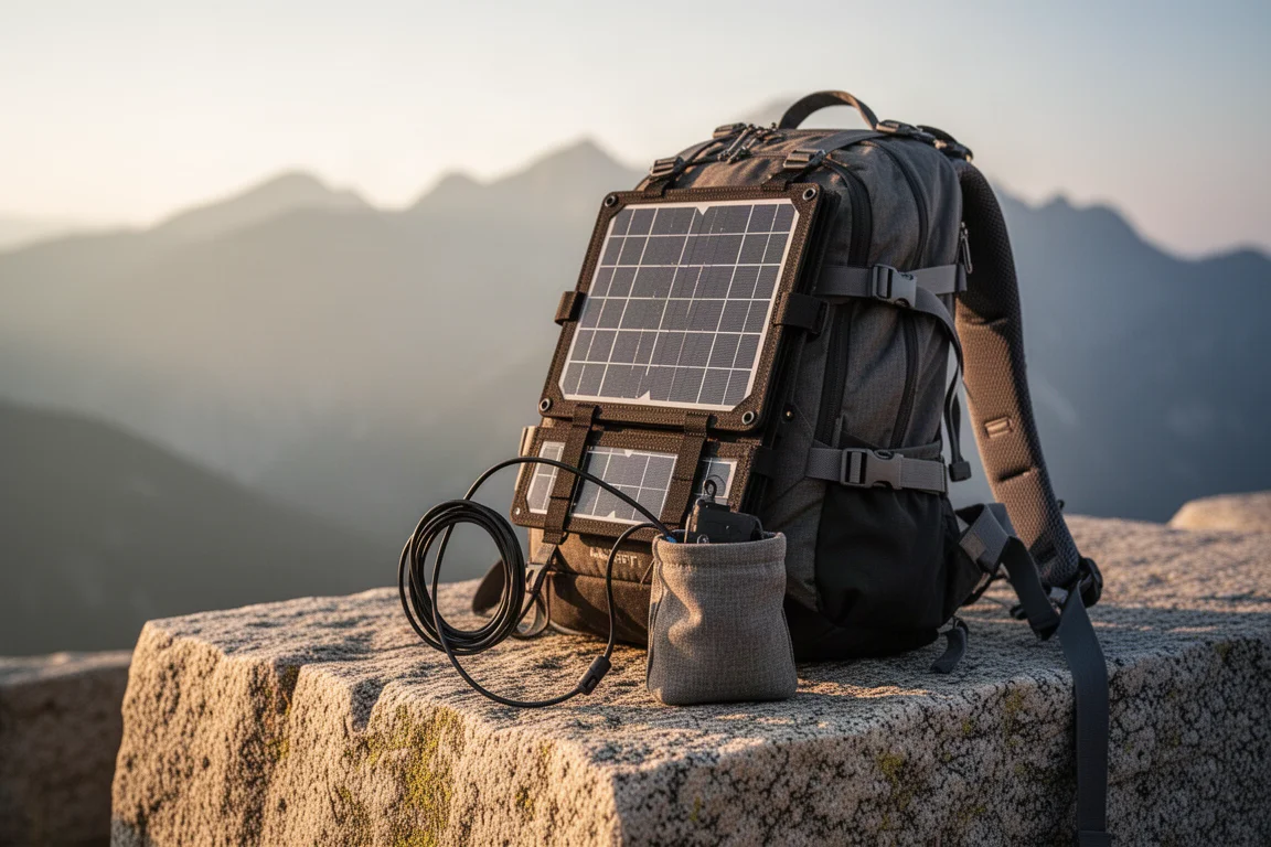 Kompaktes Solarpanel an einem Wanderrucksack befestigt, das die späte Nachmittagssonne einfängt