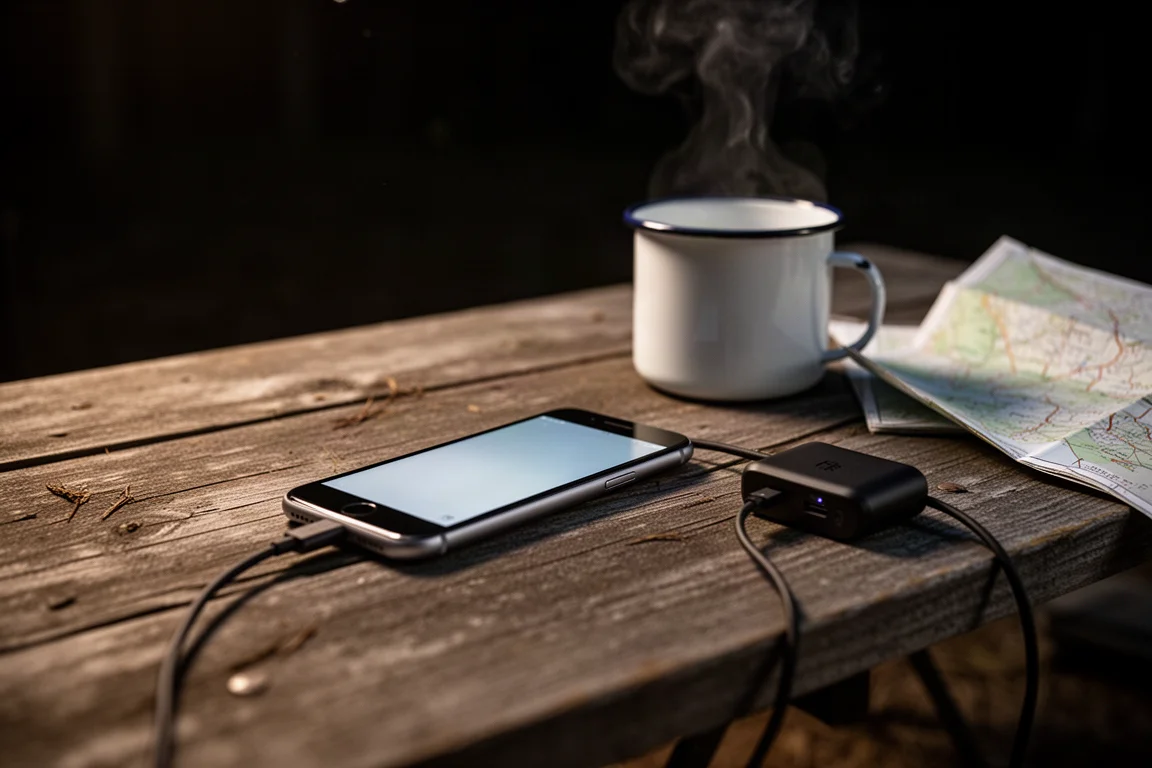 Telefon lädt nachts an einer kleinen Powerbank auf einem hölzernen Campingtisch