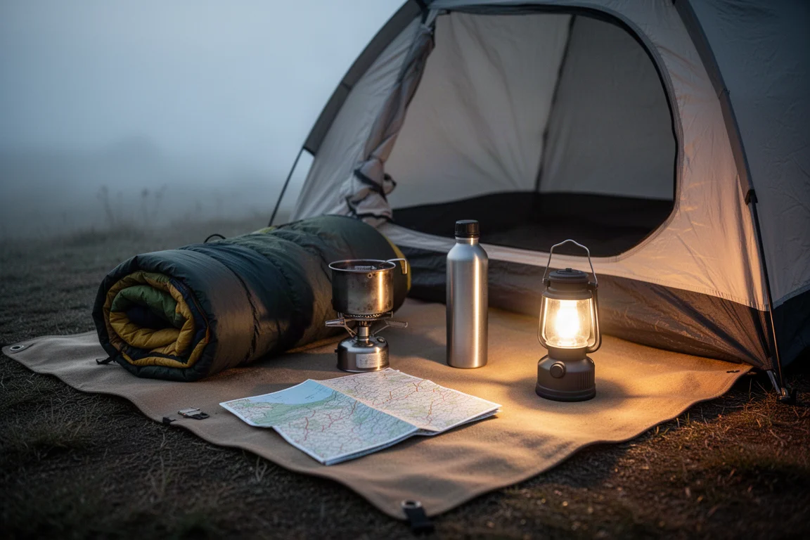 Campingausrüstung auf einer Bodenplane neben einem offenen Zelt im ersten Morgenlicht