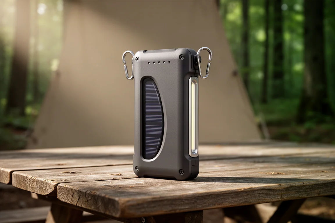 Rugged two-in-one camping light standing upright on a wooden camp table