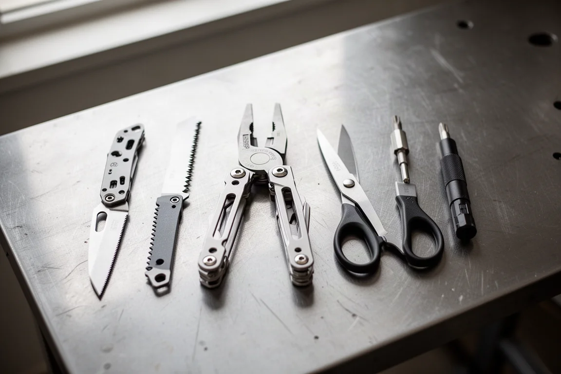 Multi-tool opened flat on a workshop bench with its implements removed and laid out