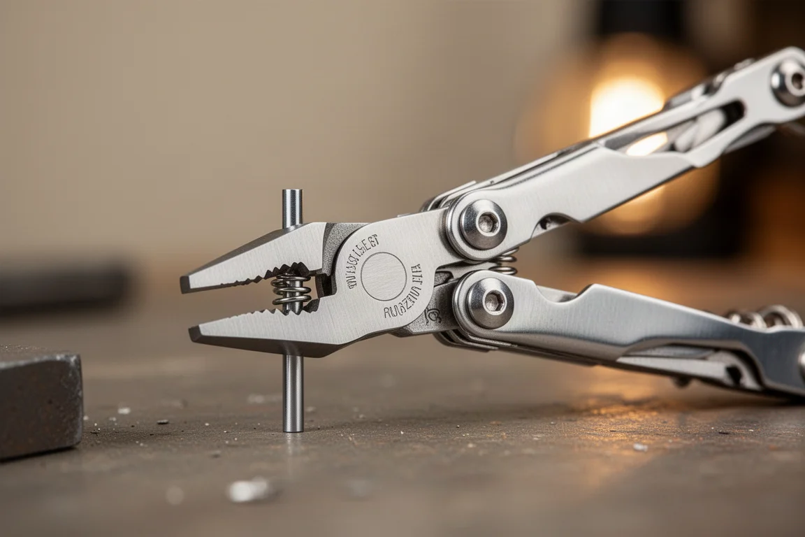 Close-up of multi-tool pliers gripping a metal rod under soft workshop light