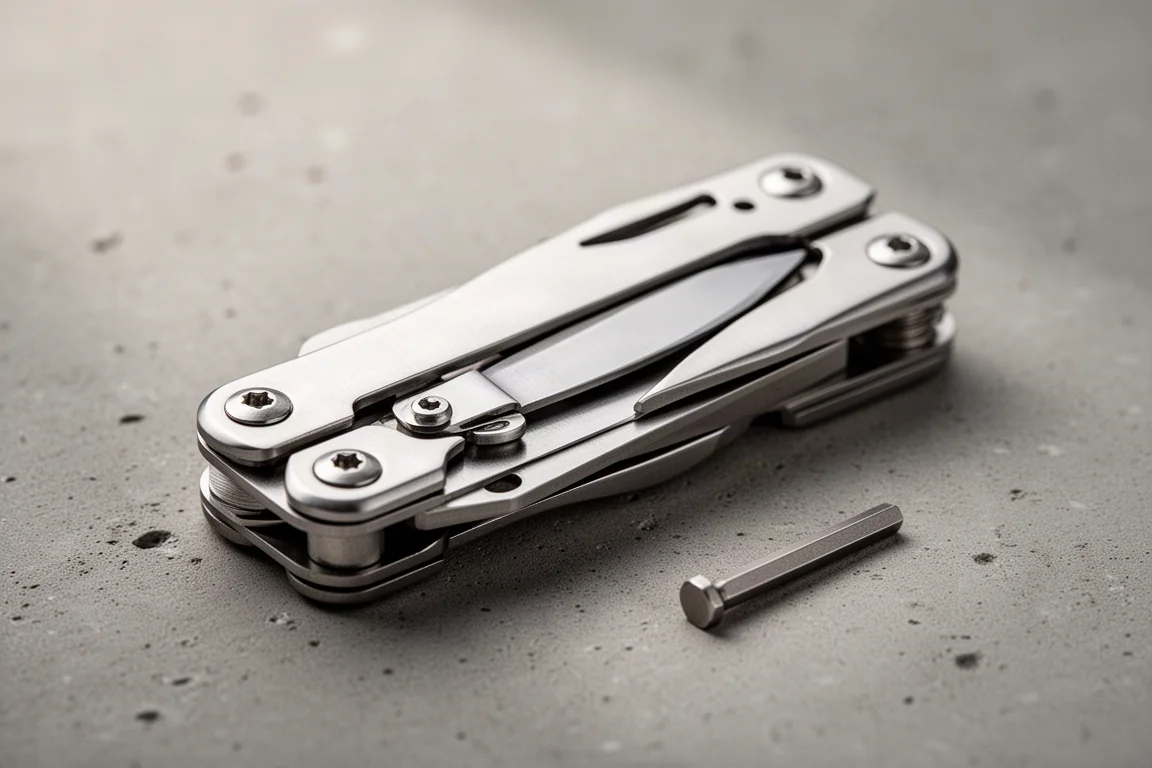 Sharp folding blade implement being slid into a modular multi-tool frame
