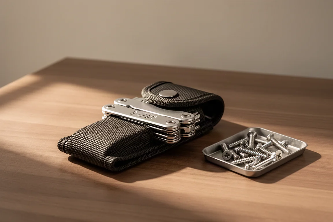 Modular multi-tool with a nylon sheath on a wooden desk beside a small parts tray
