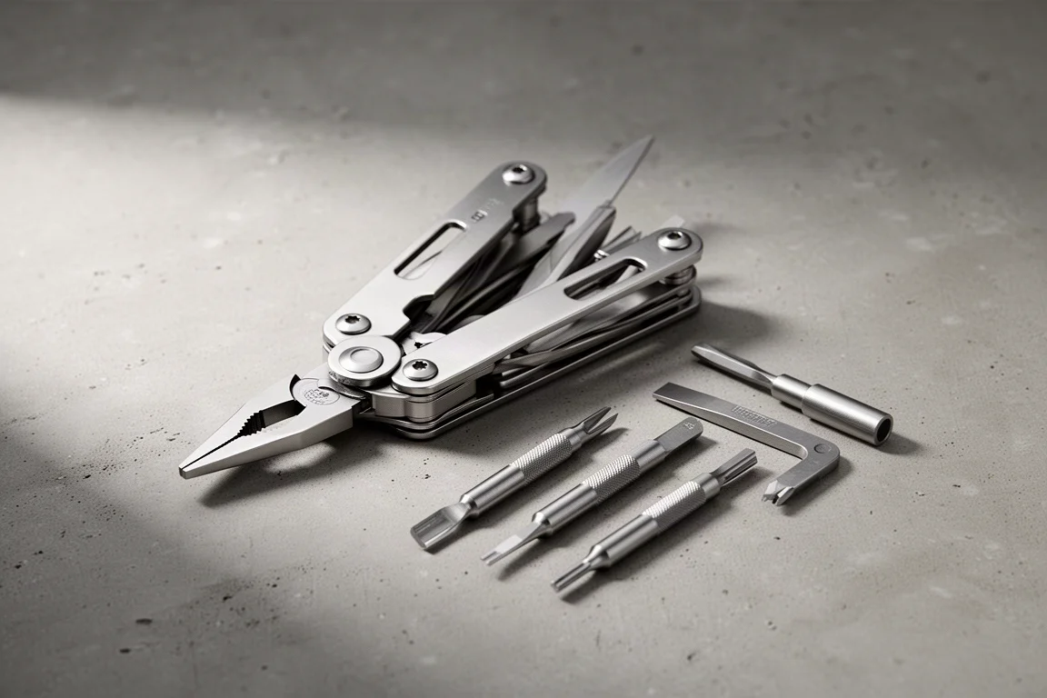 Modular stainless multi-tool open on concrete with removable implements laid out beside it