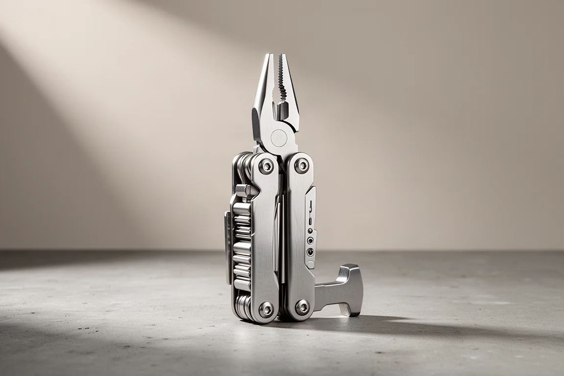 Modular stainless steel multi-tool standing upright on a concrete surface