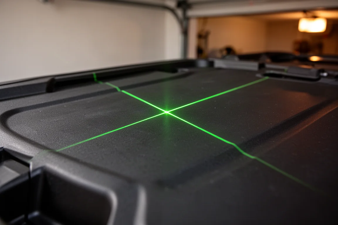 Jasna zielona linia laserowa krzyżowa rzutowana na matową ciemną powierzchnię w garażu