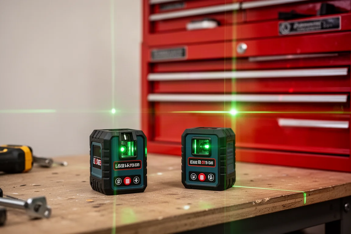 Dwie poziomice laserowe obok siebie rzutujące zielone linie na skrzynkę narzędziową