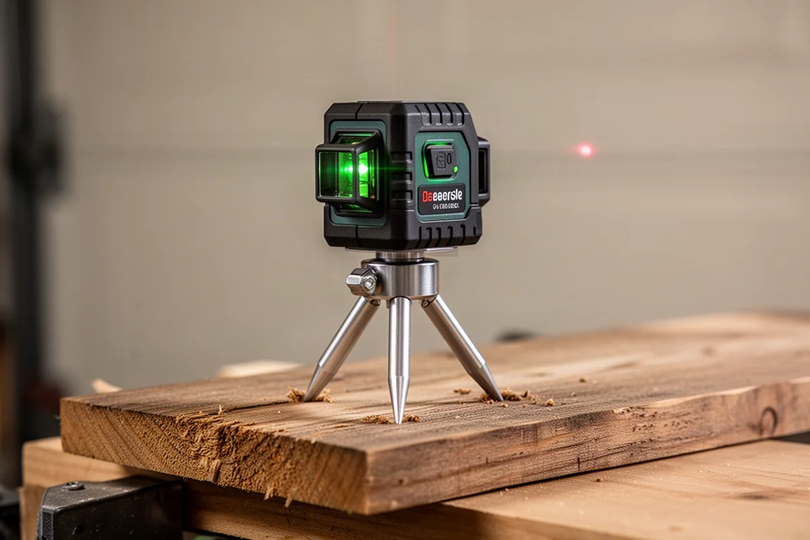 Poziomica laserowa na trójnogu z kolcami wbitymi w drewnianą deskę