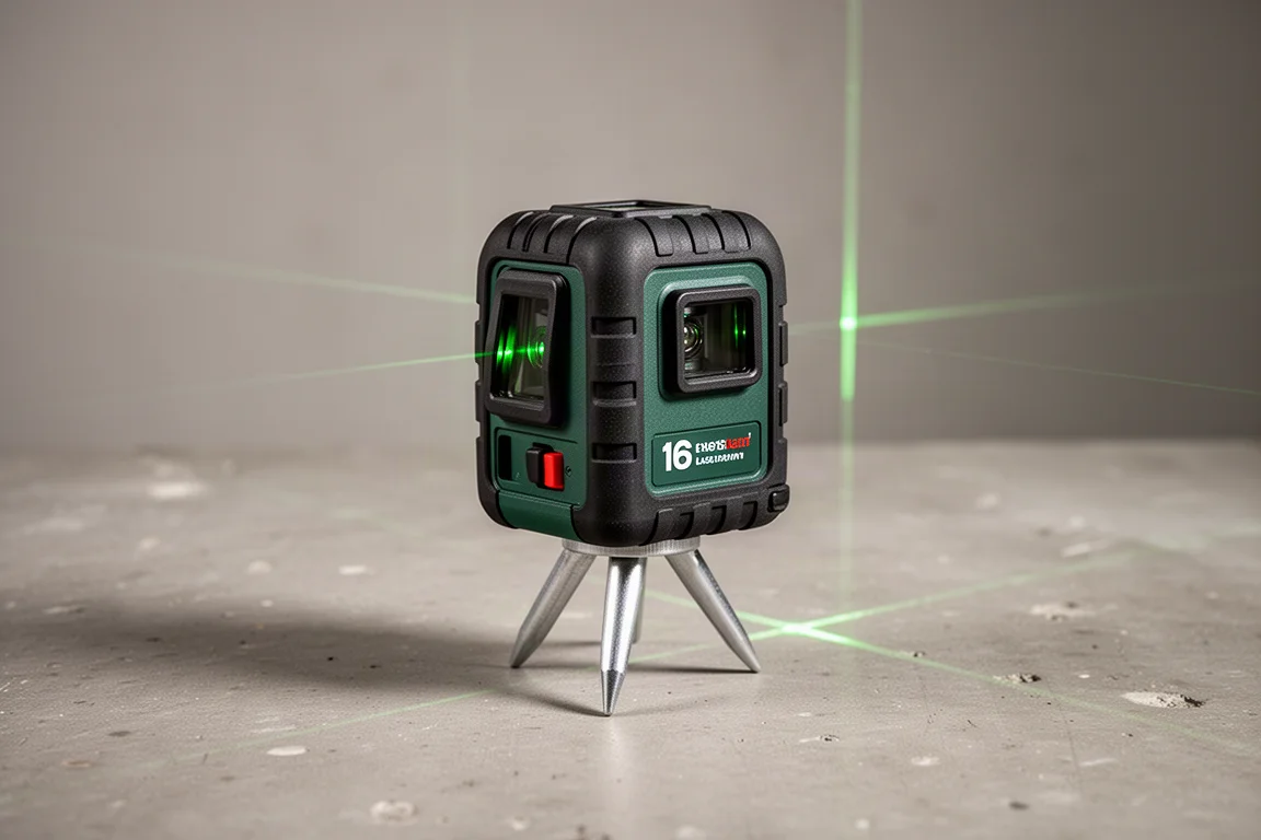 Gochi Fix 16-line laser level on a spike stand with faint green laser lines