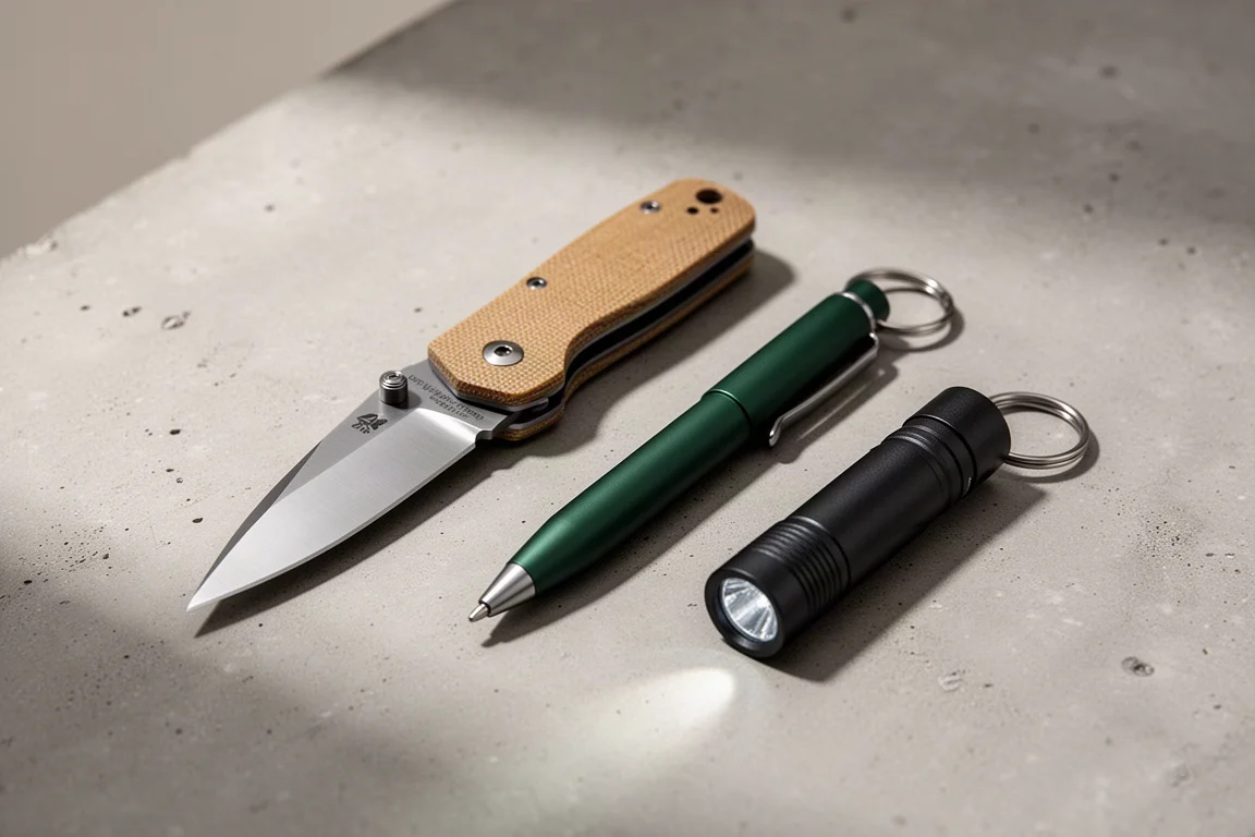 Un coltello pieghevole, una penna sottile verde scuro e una piccola torcia nera disposti su cemento