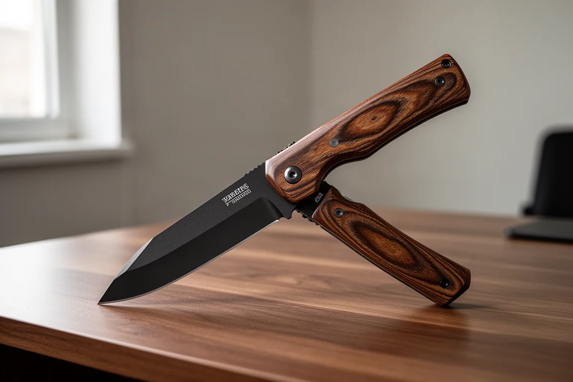 Geöffnetes klappbares Pocket-Cleaver-Messer auf einem hölzernen Schreibtisch