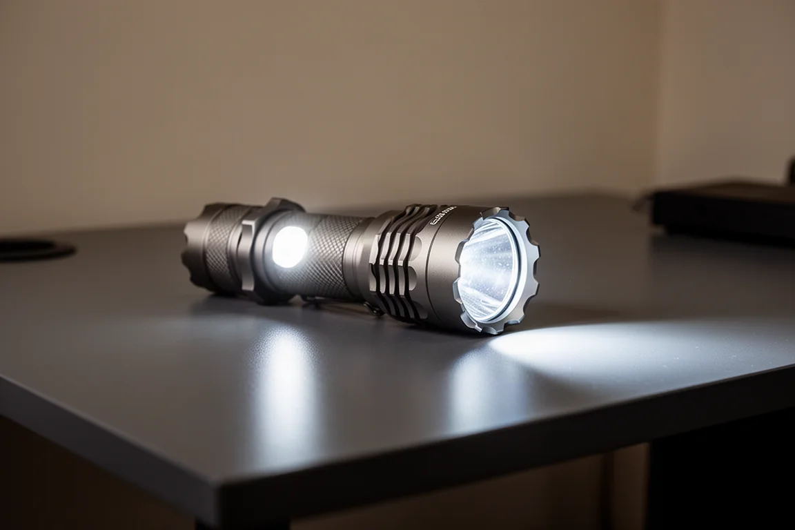 Lichtstrahl einer taktischen Taschenlampe schneidet über eine dunkle Schreibtischfläche