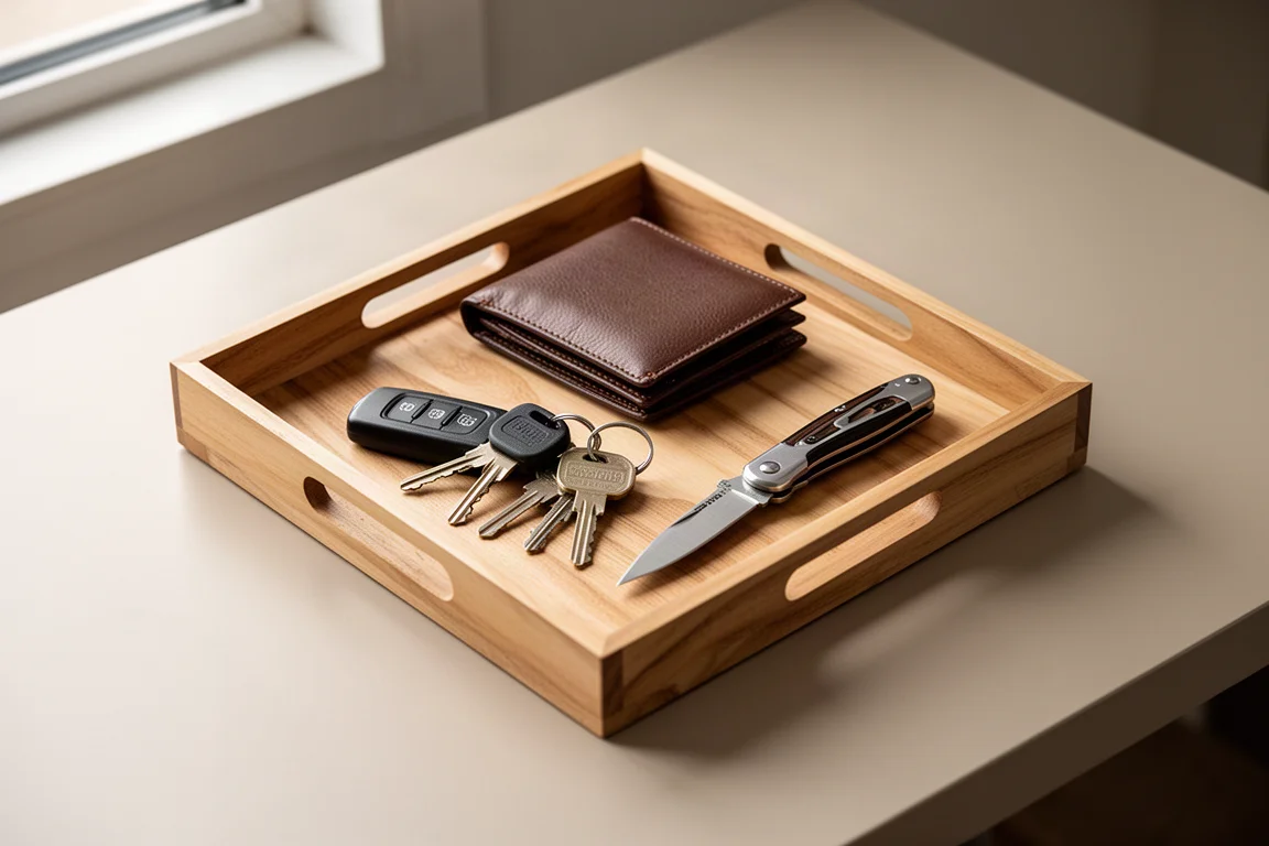 Hölzernes Valet-Tray mit Everyday-Carry-Gegenständen