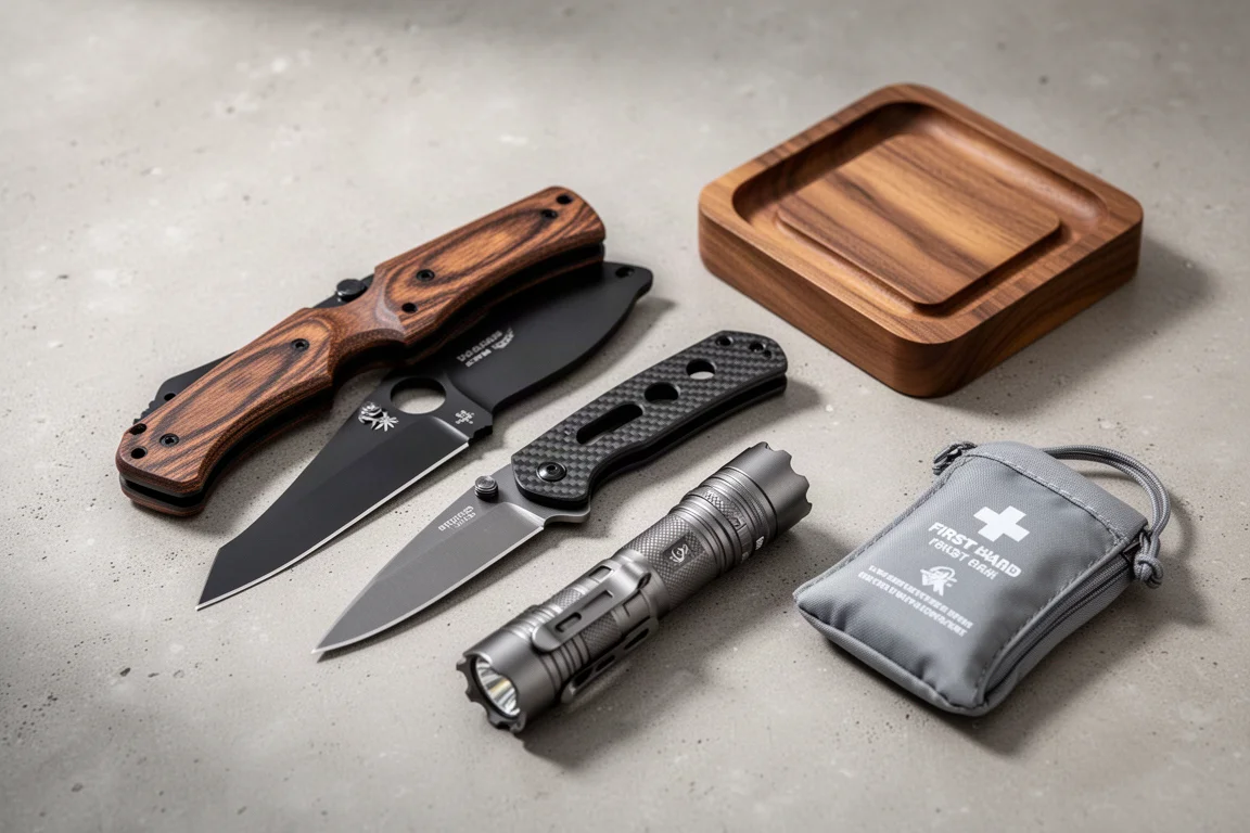 Flat-lay of everyday carry gear including two folding knives, a tactical flashlight, a first aid pouch, and a wooden valet tray