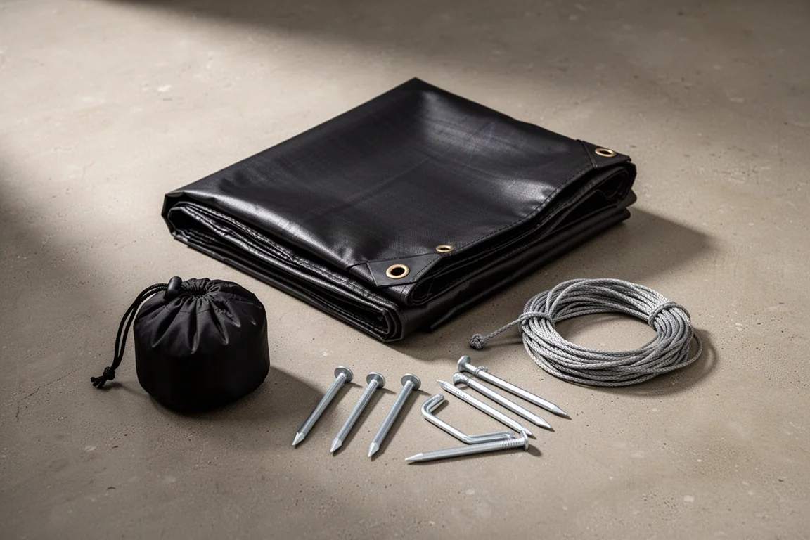 Folded black camping tarp with stuff sack, aluminium stakes and coiled guyline on concrete