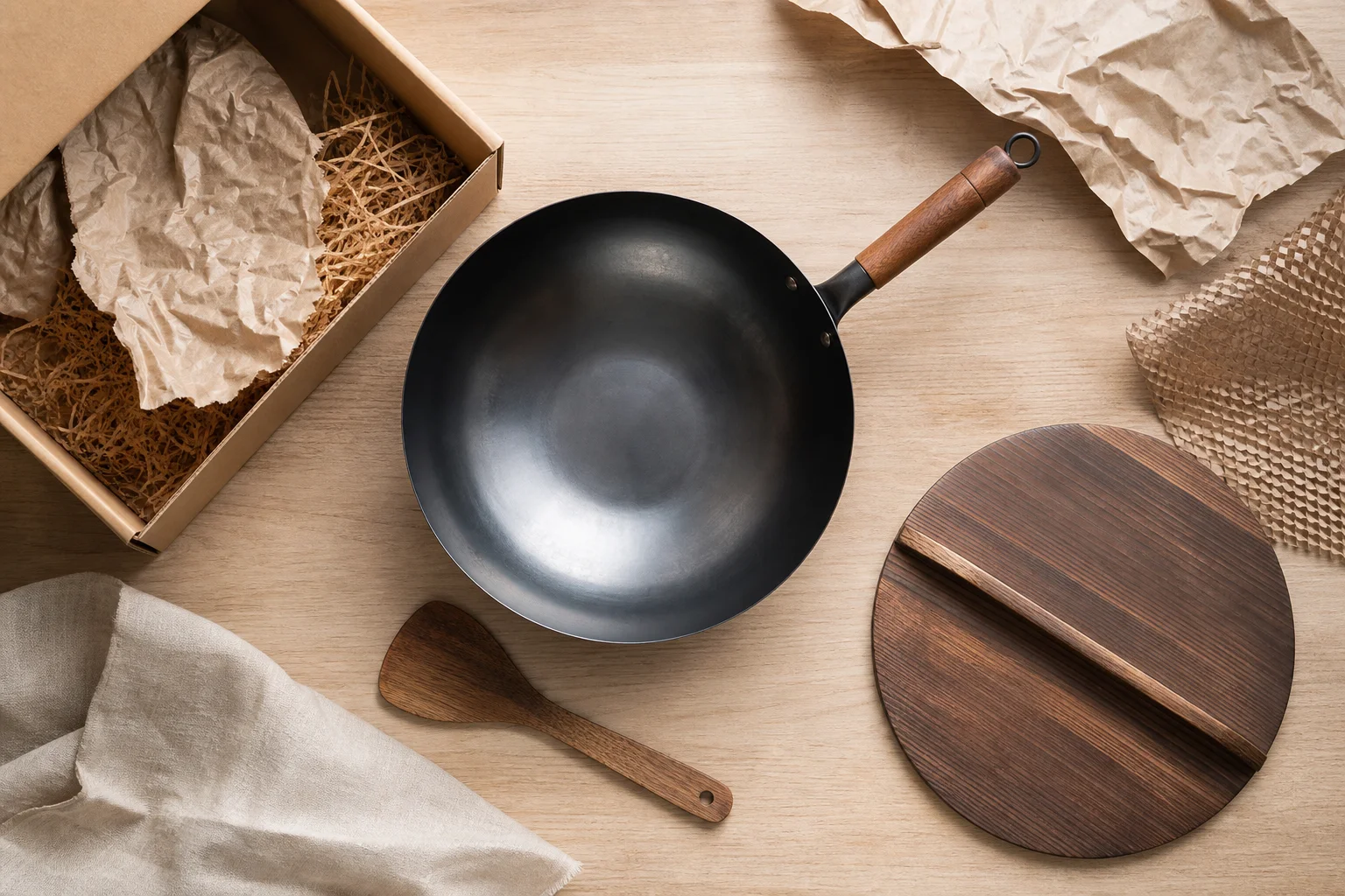 Uppackat wokset som visar trälock, stekspade och wokpanna med trähandtag