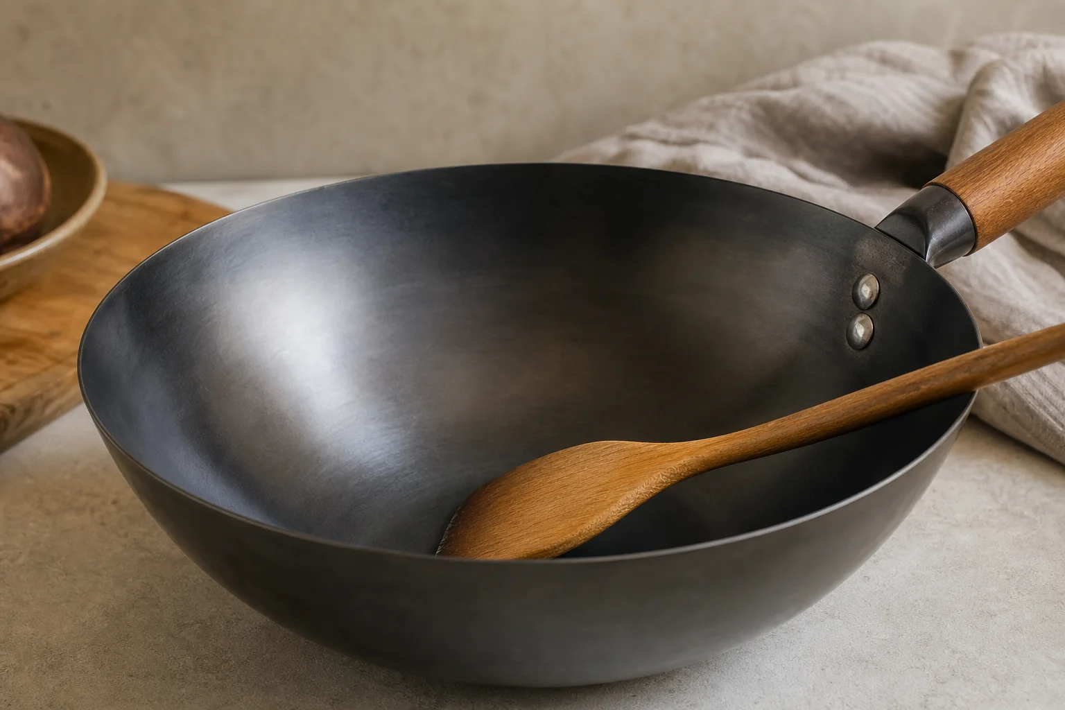 Trästekspade som vilar inuti wokpannan och visar den non-stick-behandlade ytan