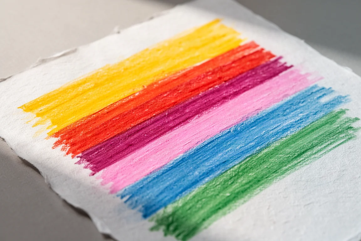 Ręcznie wykonany rząd żywych, ręcznie rozmazanych smug kredek na teksturowanym papierze welasinowym