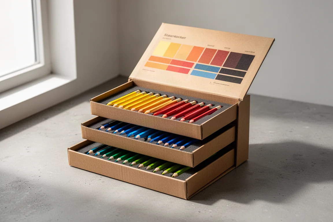 Open three-tier presentation box of colored pencils with foam slots and warm-toned top row