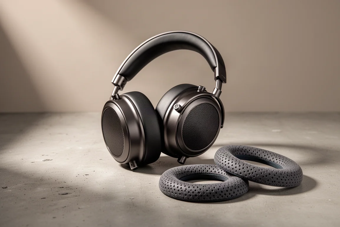 Open-back planar magnetic headphone with spare perforated ear pads on a concrete surface