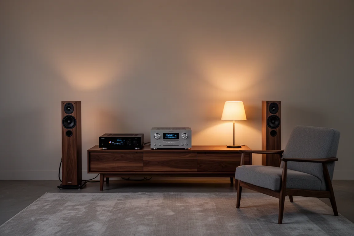 Softly lit living room at dusk with two slim tower speakers flanking a wooden console