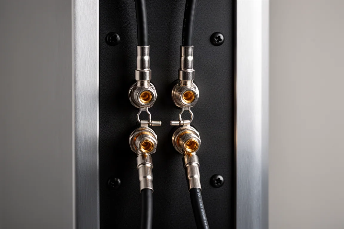 Close-up of rear speaker binding posts with banana plug cable terminations