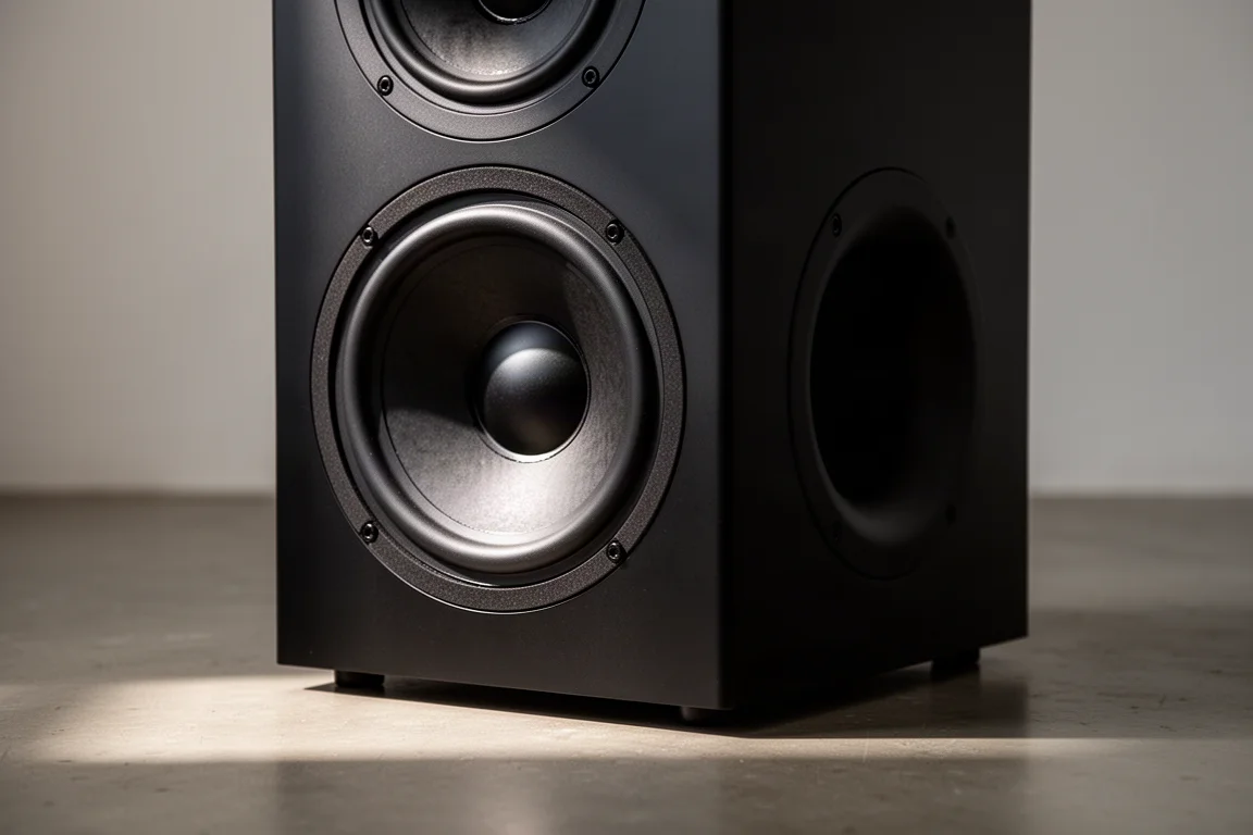 Low-frequency driver and side-mounted passive radiator on a tower speaker cabinet