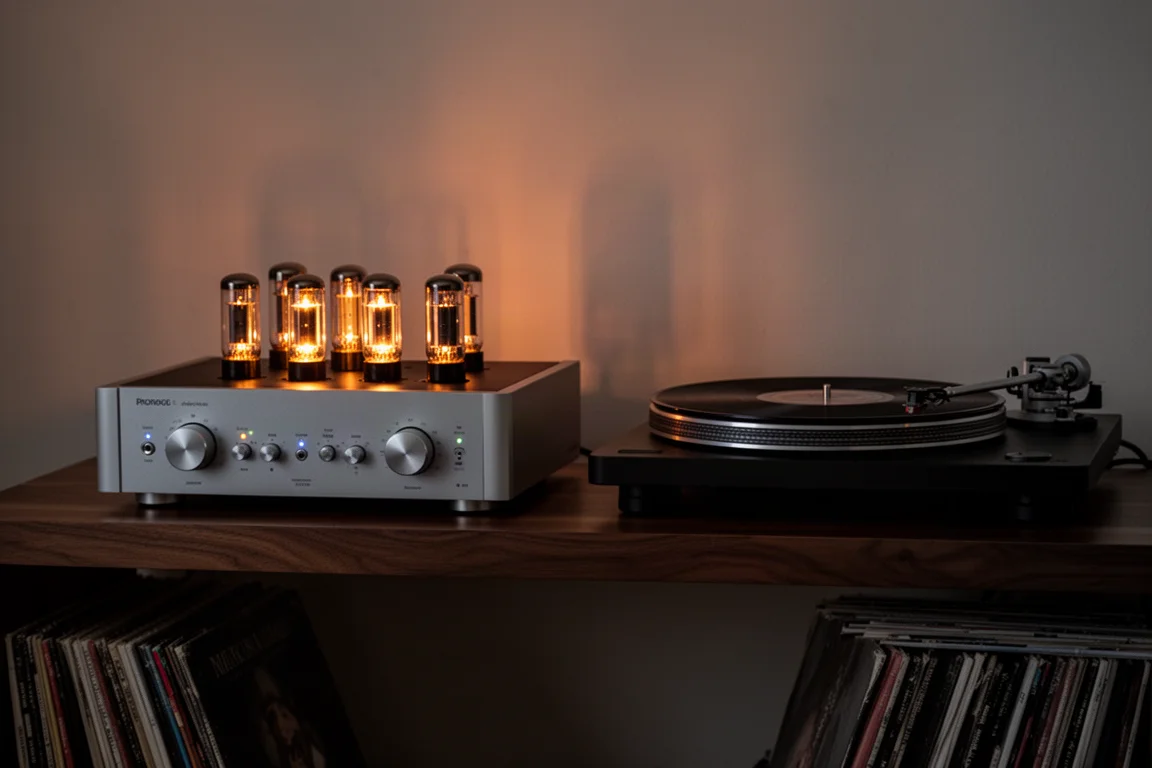 Integrated amplifier with glowing vacuum tubes beside a turntable in a dim room