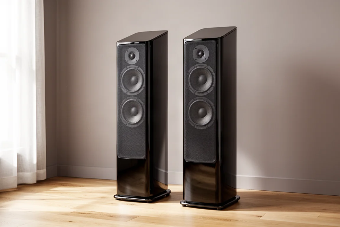 Pair of slim gloss black floorstanding tower speakers in a bright listening room